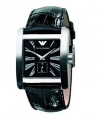 Rock solid style day and night. This Emporio Armani watch features a croc-embossed black leather strap with a stainless steel square case. Black dial with silvertone roman numerals. Silvertone logo, two hands and subdial. Quartz movement. Water resistant to 30 meters. Two-year limited warranty.