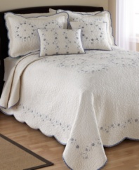 Soothing and serene, the Delphine bedspread defines cozy comfort with intricate, allover quilting, delicate floral embroidery and patterned trim. A beautiful scalloped edge finishes the look with graceful polish.