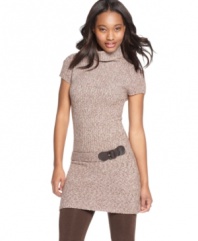 Stay warm during chilly months with this belted, marled knit sweater dress from JJ Basics!