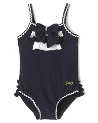 This chic Juicy Couture swim suit charms with bright white rick rack trim and flouncy ruffles on the chest and tush.