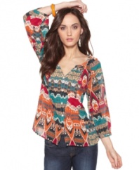A colorful ikat print infuses this button-front blouse with a chic bohemian sensibility, from Lucky Brand Jeans.