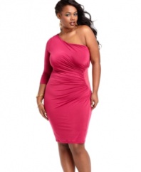 Turn up the heat with Baby Phat's one-shoulder plus size dress, rocking a ruched front!