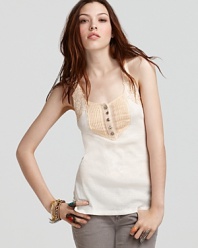 A Free People tank gets a luxe lift from chic pleats, metallic threading and lace detail for femininity and glamour. Wear it solo to elevate distressed denim or take the look to cocktails and layer it under a tailored tuxedo jacket.
