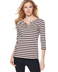 Classic stripes offer tailored appeal to this top from Jones New York Signature. Pair it with dark jeans for everyday ease!
