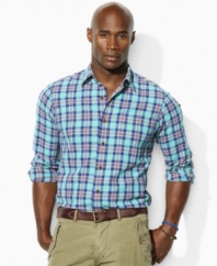A bold, bright plaid enlivens a classic-fitting workshirt in soft, dobby-woven cotton.