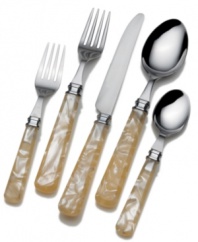 Set and style the table. This chic Mikasa flatware pairs acrylic handles marbled with warm ivory tones and luxe stainless steel to make a bold statement.