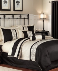 Elegance, defined. Detailed embroidery and diamond quilting embellish a sophisticated palette of jet black and creamy white in the Cyrano comforter set. The unique contrast of color and texture combine for a look that dazzles all the senses.