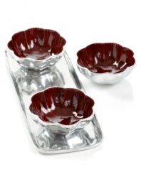 More than conversation blossoms around your table with handcrafted Red Lotus nut bowls from Simply Designz. Polished aluminum lined in glossy enamel lends fresh color and shine to any dining area. With tray.