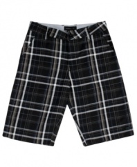 A preppy plaid pattern spruces up his casual style with these shorts from O'Neill.