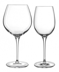 Smart style and sound construction make Crescendo glassware sing. This set of sleek red and white wine glasses combining a fine rim, drawn stem and luminous bowl is crafted in Luigi Bormioli's SON.hyx, a revolutionary glass that's guaranteed to resist chipping and discoloration.