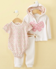 Sweet floral find. Her girlie side will definitely come out in this adorable bodysuit, hoodie and pant set from First Impressions.
