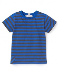 Bold stripes and contrasting patch details add boyish charm to a Pearls & Popcorn tee.