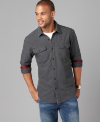 Casual class is underrated but you certainly won't be when you sport this Tommy Hilfiger chamois shirt versatile enough for almost any occasion.
