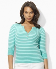 Sleek stripes and polished hardware lend a chic flourish to this plus size Lauren by Ralph Lauren top, crafted in soft ribbed-knit cotton for essential warmth and comfort. (Clearance)