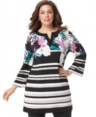 Liven up your leggings with Alfani's three-quarter sleeve plus size tunic top, highlighted by a bold mixed print.