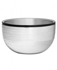 Vera Wang elevates cocktail hour with the deco-cool Debonair nut bowl. Ribbed stainless steel and slick black enamel create a look of vintage glamor that no party guests can resist.