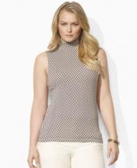 A bold herringbone pattern lends a modern element to a sleeveless plus size jersey top from Lauren by Ralph Lauren.