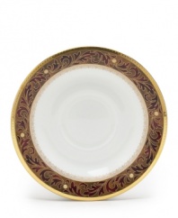 Add drama to your tabletop with this bold pattern from Noritake! Strikingly elegant, this bone china features a rich gold and red brocade border adorned with soft ivory dots and a gold band.