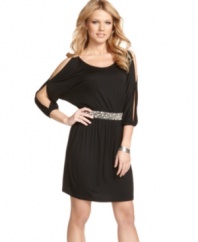 Enliven your little black dress supply with this style from Guess?. Featuring split sleeves and a sequined waistband, this number was designed to dazzle!