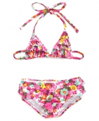 Shimmy and shake! She'll enjoy dancing around in the sand in this fun, frilly two-piece suit from Roxy.
