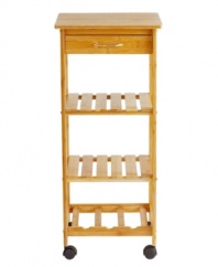 Expand your counter and storage space with this wooden cart from Lipper International. A drawer and three shelves, including one for wine bottles, afford the chef more room to stock the kitchen. Wheels get it out of the way.