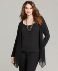 Get the look of layers in one convenient style with DKNYC's long sleeve plus size top, including an open front cardigan and scoopneck inset.