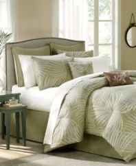 Carefree flair. Offering a supremely calming allure, this jacquard woven Breakers comforter set lends a breezy palm leaf design in soothing white and green hues to the bedroom. With decorative pillow and European sham accents, this set outfits your room in restful relaxation.
