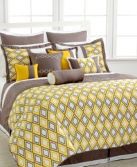 A whirlwind of style! Brighten up your room with this Vortex comforter set, boasting a modern diamond motif that casts a ray of sunny yellow color accented with a soothing gray hue. Shams, bedskirt, coverlet and a group of decorative pillows finish the look for a fresh perspective.