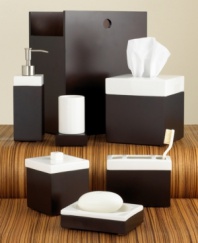 Bring the luxuriousness of the spa to your bath with this Standard Suite tissue cover. Chocolate-stained veneer is offset by pristine white ceramic creating a simple, yet sophisticated look.