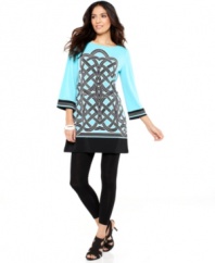An exotic, alluring print updates Style&co.'s classic three-quarter-sleeve tunic. Pair it with jeans or leggings for a sophisticated everyday look.
