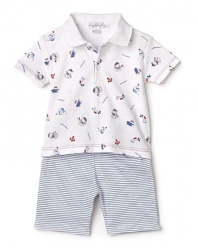 This nautical themed print polo and complementary stripe short will give your little cap'n his sea legs in a snap.