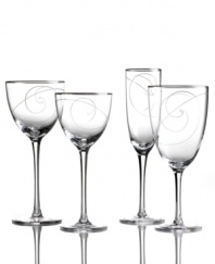 Combining a luxe platinum edge and fanciful swirls in fine crystal, the Platinum Wave wine glass from Noritake styles formal tables with refreshing elegance.