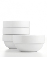 Keep the table and kitchen clean with Stakks dinnerware. The dishes from Tabletops Unlimited include these white porcelain cereal bowls for everyday use, in a shape designed for efficient stacking and storage. Ideal for apartment living!