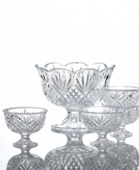 The sparkling sophistication of yesteryear makes a chic comeback with this magnificent dessert set. Footed bowls feature the intricate starburst pattern of Godinger's popular Dublin crystal collection.