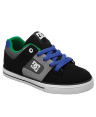 Kick it! All the kids will want to hang with him when they see his super style and the cool DC Shoes sneakers he's sporting.