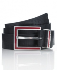 Infuse some color into your look with this sleek perforated leather dress belt from Sean John, finished with a silver-toned buckle and a flash of red.