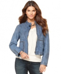 This moto-style jacket in buttery leather from DKNY Jeans is essential for downtown style! The unexpected blue color makes it ready for spring!