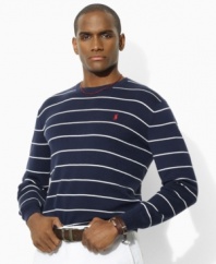 Thin, subtle stripes lend preppy appeal to a handsome crewneck sweater, rendered in luxuriously smooth Pima cotton for an ultra-soft hand.