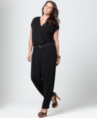 Jump-start your casual look in DKNYC's short sleeve plus size jumpsuit, cinched by a belted waist-- it's so on-trend!