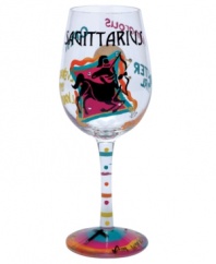 Stars align in the Sagittarius wine glass. A hand-painted design as unique as your sign illustrates your personality--open, optimistic, humorous--in bright, fun hues and sparkling rhinestones. With a special drink recipe on its base.