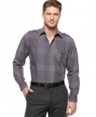 Muted colors pop with a plaid design on this sophisticated, long-sleeved shirt from Alfani Black.