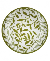 Silhouetted vines unfurl from a band of green on this softly frosted crystal platter, bringing a fresh hint of the outdoors to your table. Its simple round shape is etched for fresh earthy allure. Qualifies for Rebate