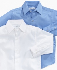 A polished, dressed-up look for the modern young man: Calvin Klein's cotton sateen shirt.