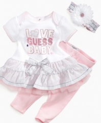 A future fashionista. Show everyone that style starts early with this tunic, leggings and headband set from Guess.