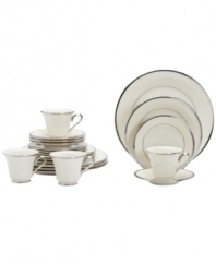 Beautiful in its simplicity, this white bone china features a timeless, elegant design. The pristine bone china is accented by a single, shimmering band of platinum. The understated beauty of this china will add a refined sophistication to your dining experience for years to come. 20-piece set includes 5 dinner plates, 5 salad plates, 5 bread and butter plates, 5 tea cups, and 5 saucers Qualifies for Rebate