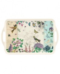 A fresh take on Portmeirion's beloved Botanic Garden pattern, this outdoor-friendly Botanic Hummingbird tray features colorful wildlife layered with muted blooms on durable white melamine.