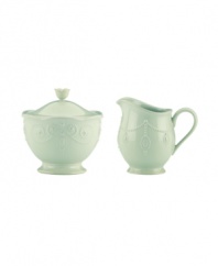 With fanciful beading and a feminine edge, this Lenox French Perle sugar and creamer set has an irresistibly old-fashioned sensibility. Hardwearing stoneware is dishwasher safe and, in an ethereal ice-blue hue with antiqued trim, a graceful addition to any meal. Qualifies for Rebate