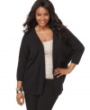 Layer your sleeveless looks with Alfani's three-quarter sleeve plus size cardigan, featuring an open front design.