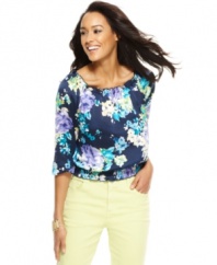A peasant top is enlivened by a romantic floral print in this look from Charter Club. Go for an on-trend outfit when you pair it with pants in a vibrant hue!