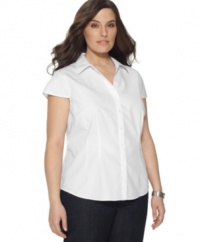 Top off your career looks with Jones New York Signature's cap sleeve plus size shirt, accented by a tonal dot pattern-- it doesn't require ironing!